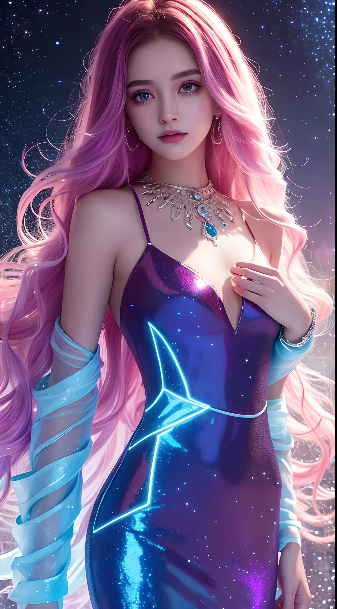 Background: Mysterious quantum environment, Cosmic elements and ethereal atmosphere，A mix of bright lights and colorful nebulae. Theme: A mysterious girl with a magical aura. She has long, Colorful wavy curls, The shiny hair stands out. His eyes are deep and expressive, Reflection Universe. She wore a flowing dress in red and white, With intricate details and mysterious textures. Color Palette: A combination of mysterious shades such as cosmic purple, red, Soft red and a touch of gold. Create contrasts, Increase depth, Dark color, Such as dark red or night blue. Aesthetics: The aesthetic combines elements of Mistycore, Known for its mysterious and ethereal atmosphere, and crystal cores, With its crystal clarity and sparkling details. The girl exudes magical energy，Her presence hangs over her，mesmerising. Covered with: Keep subtle glowing effects and glitter overlays around the girl, Covered with: Add a soft glow effect around the girl and crystal, It seems to exude magic. Also, Add small details of flash Enhance the ethereal atmosphere, whole body capture.