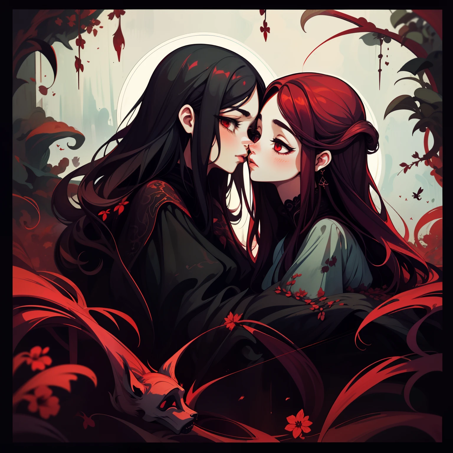 adesivo, fundo simples, portrait, 2 girls, couple, kissing, girl with long hair, beautiful scorpio girl, scorpio aesthetic, beautiful girl, very beautiful fantasy art, beautiful and elegant female scorpio, beautiful detailed fantasy, deep red and black color palate, deep red color-theme