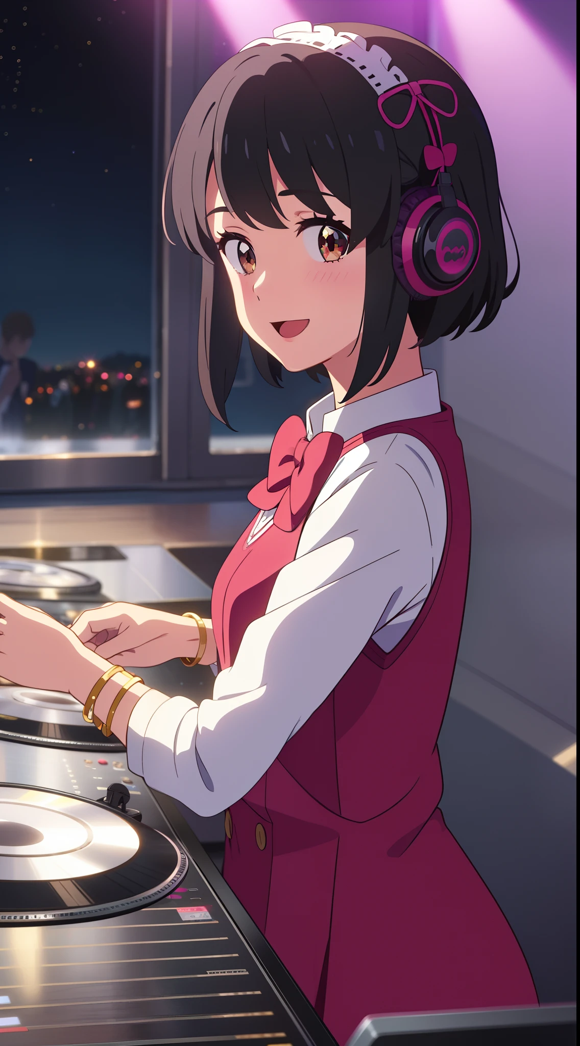 (((masterpiece))), shinkai makoto, kimi no na wa., 1girl, bangs, black hair, brown eyes, blush, Lolita Performance Wear, red bow, red headband, red ribbon, short hair, looking at the viewer, cute, smile, open mouth, :D, couple, long sleeves, bracelet, DJ girl, DJ Headphones, nightclubs, mirror ball, headphones, disco, showcasing her skills on the turntables, Glitter, perfect hand, Live Performances, colorful light