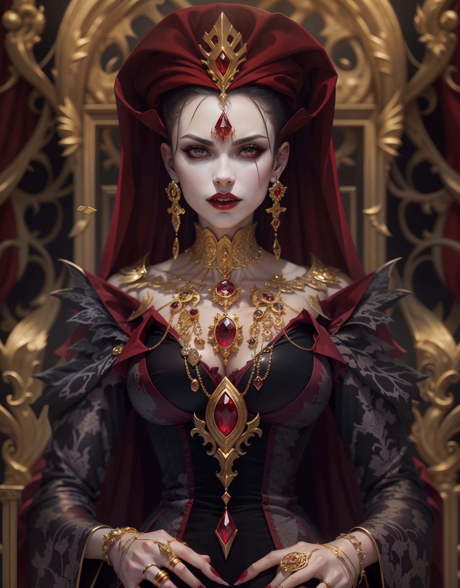 The Vampire Queen, Gothic style, a lot of jewelry, a gold, Rubies, Velvet, Silk, Evil Look, higly detailed, Symmetrical, properly proportioned, 30 thousand...