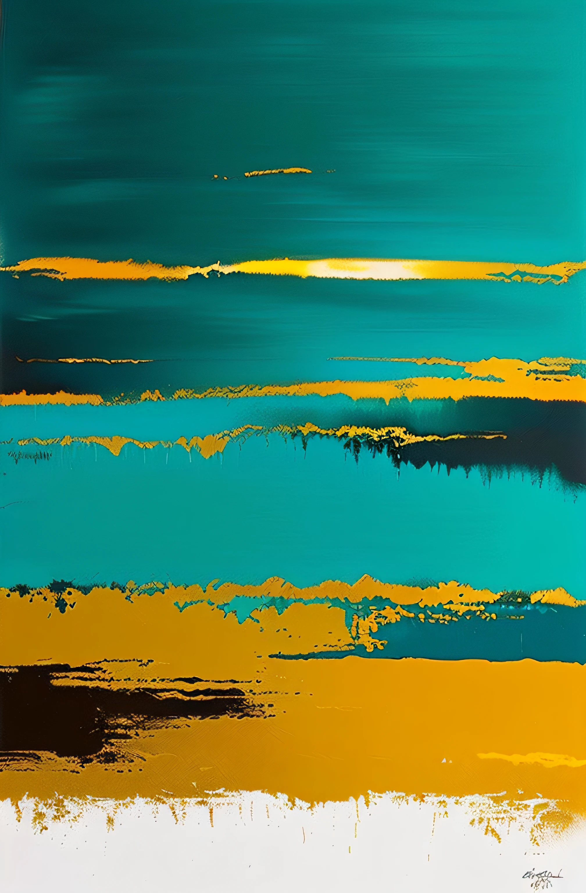 inspired by Raoul De Keyser, gold and teal color scheme, Abstract strokes, Turquoise rust, semiabstract,  the nonlinear. digitial painting, multi layered thick brush marks, Dense brushstrokes, teal landscape，Color blocking