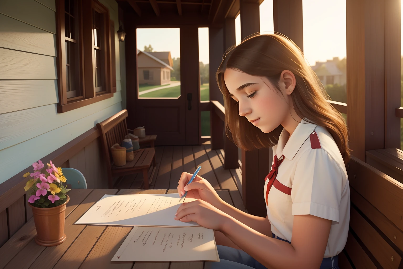 Date: 1942
Location: United States
Description: A teenager writes a heartfelt letter on a sunlit American porch, her expression a mix of pensiveness and the raw emotions of adolescence.