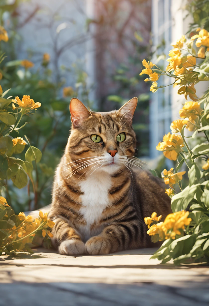 Create a captivating painting of a Tabby cat with green-yellow eyes, lying in a comfortable box with its head playfully poking out. The cat should have a lazy and content expression, capturing its relaxed demeanor. Set the scene in a sunny garden with dappled sunlight filtering through the leaves. Highlight the interplay of light and shadow on the cat's fur and surroundings, infusing the scene with warmth and tranquility. The vibrant colors of the flowers and foliage should complement the cat's coat. Pay attention to intricate details such as the texture of the fur and the curious glint in the cat's eyes. The overall composition should evoke a sense of leisure and serenity, celebrating the simple joy of a cat enjoying a sun-soaked day in the sunny garden
