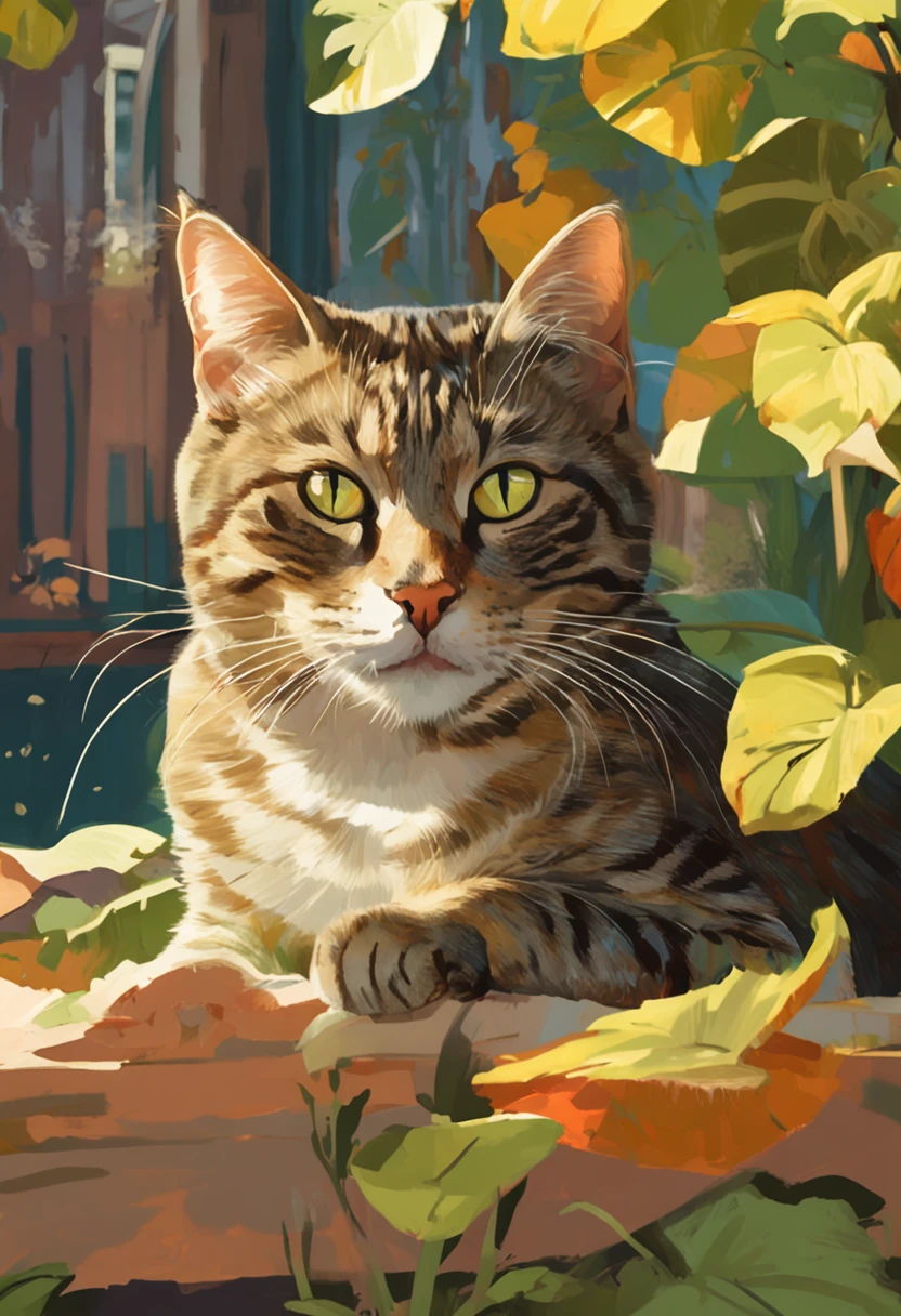 Create a captivating painting of a Tabby cat with green-yellow eyes, lying in a comfortable box with its head playfully poking out. The cat should have a lazy and content expression, capturing its relaxed demeanor. Set the scene in a sunny garden with dappled sunlight filtering through the leaves. Highlight the interplay of light and shadow on the cat's fur and surroundings, infusing the scene with warmth and tranquility. The vibrant colors of the flowers and foliage should complement the cat's coat. Pay attention to intricate details such as the texture of the fur and the curious glint in the cat's eyes. The overall composition should evoke a sense of leisure and serenity, celebrating the simple joy of a cat enjoying a sun-soaked day in the sunny garden