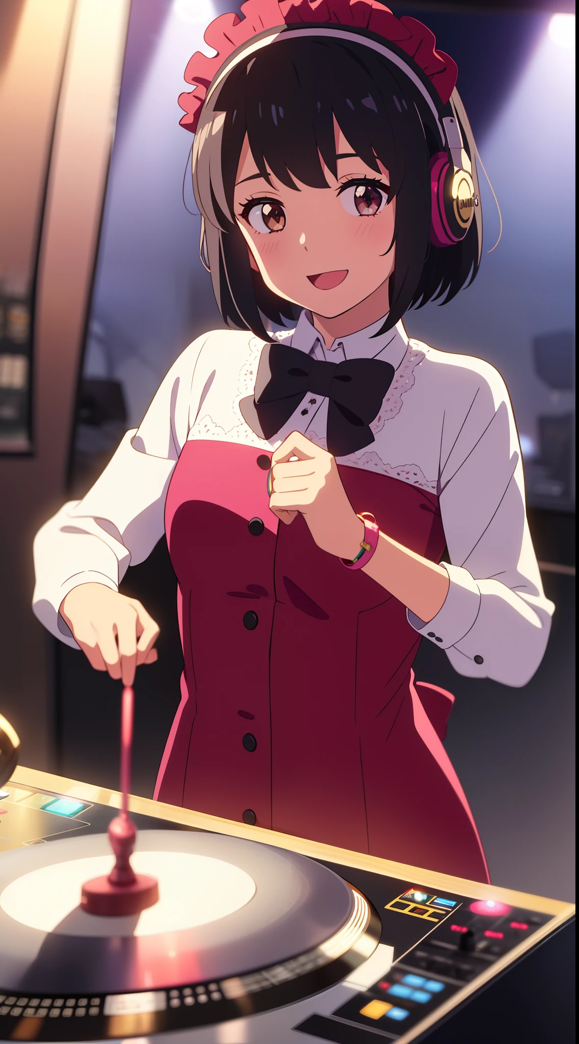 (((​masterpiece))), shinkai makoto, kimi no na wa., 1girl, bangs, black hair, brown eyes, blush, Lolita Performance Wear, red bow, red headband, red ribbon, short hair, looking at the viewer, cute, smile, open mouth, :D, couple, long sleeves, bracelet, DJ girl, DJ Headphones, nightclubs, mirror ball, headphones, disco, showcasing her skills on the turntables, Glitter, perfect hand, Live Performances, colorful light