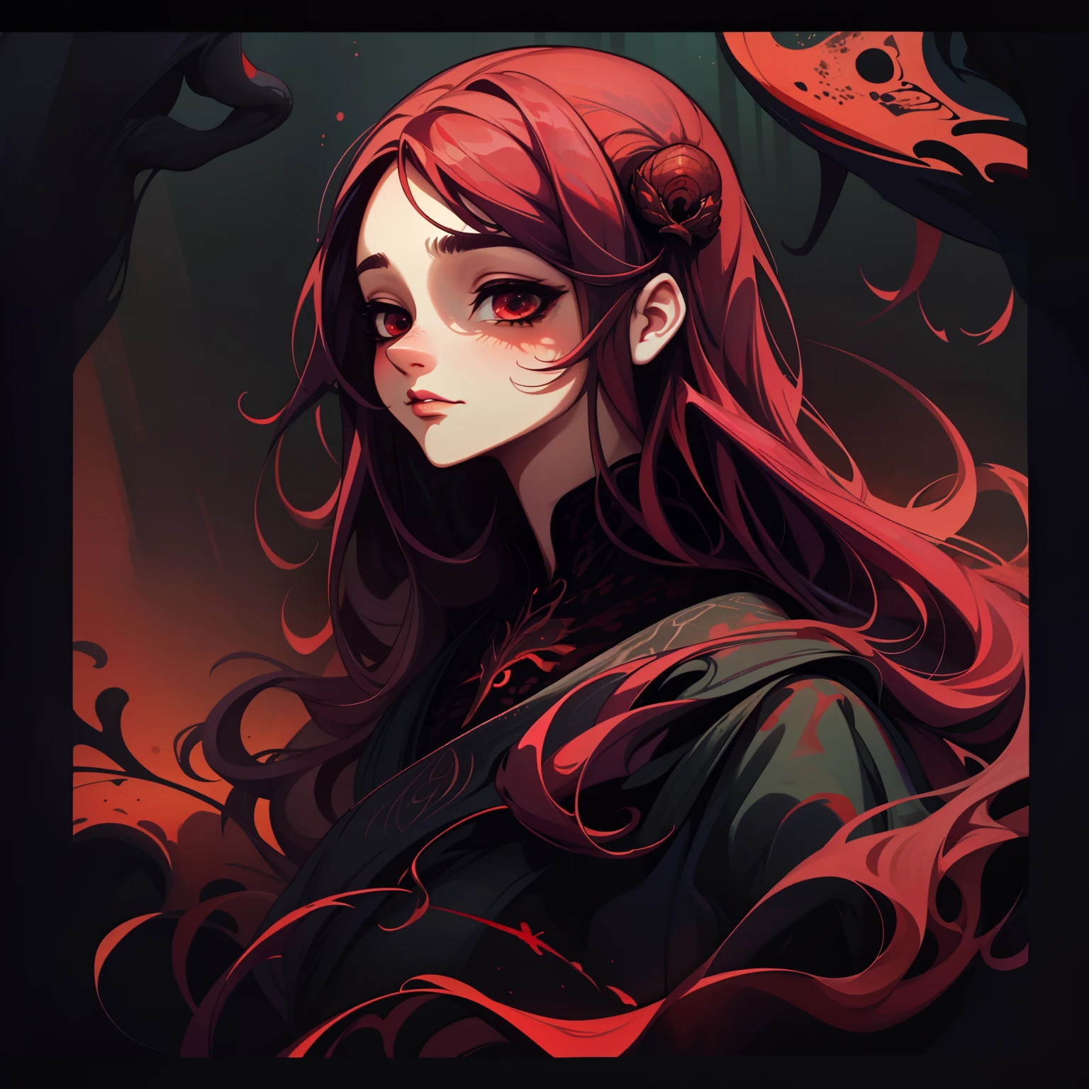 adesivo, fundo simples, portrait, 1 girl, girl with long hair, beautiful scorpio girl, scorpio aesthetic, beautiful girl, very beautiful fantasy art, beautiful and elegant female scorpio, beautiful detailed fantasy, deep red and black color palate, deep red color-theme