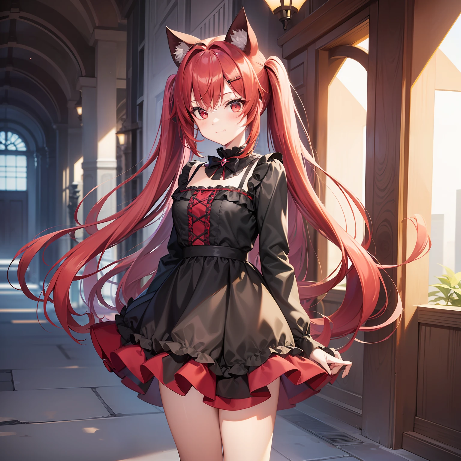 Anime filling,Two-dimensional illustration,Red hair,Half Twin Tail,shorth hair,Big eyes,A smile,a beauty girl,cute little,Super Cute,Black cat ears,Red Eyes,Ruffled Clothes,Black lace clothes,Inner colorGreen,One girl,Full body painting,A masterpiece of 2D art,(​masterpiece,Top image quality:1.3),(detaile:1.2),(女の子1人),Standing picture