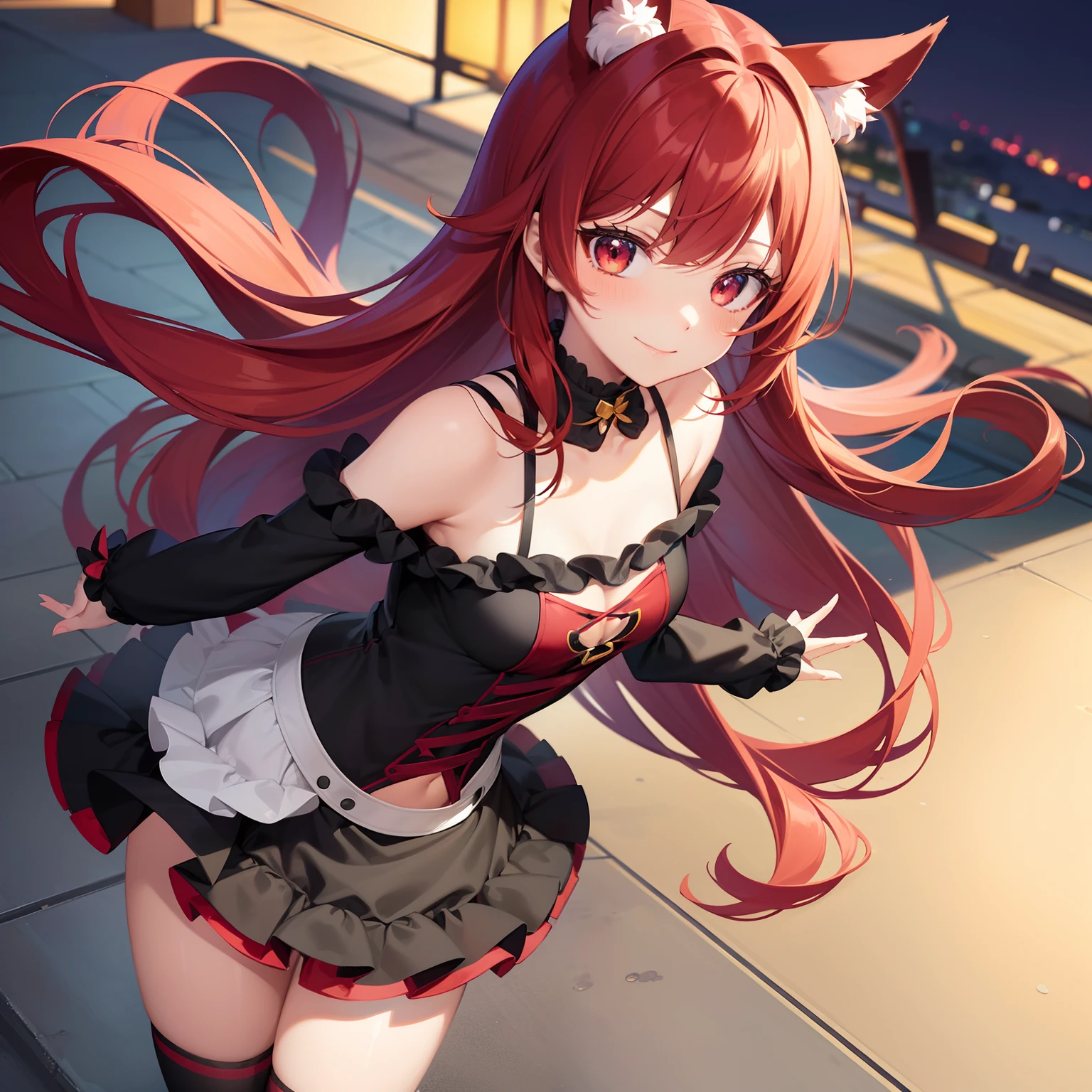 Anime filling,Two-dimensional illustration,Red hair,Half Twin Tail,shorth hair,Big eyes,A smile,a beauty girl,cute little,Super Cute,Black cat ears,Red Eyes,Ruffled Clothes,Black lace clothes,Inner colorGreen,One girl,Full body painting,A masterpiece of 2D art,(​masterpiece,Top image quality:1.3),(detaile:1.2),(女の子1人),Standing picture