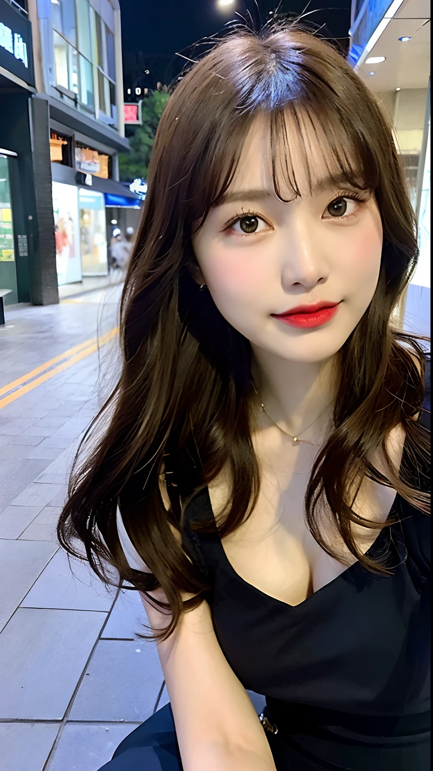 ((highest quality, 8k, masterpiece :1.3)), 1 girl, smile, whole body, slim face, Beautiful woman, (dark brown hair), full length dress :1.1, super detailed face, fine eyes, double eyelid, blur background, slim face, city, outside, street,