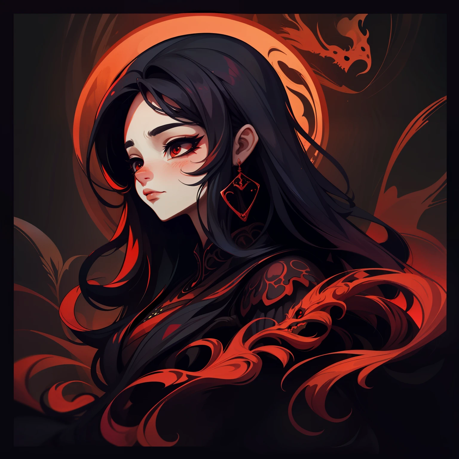 adesivo, fundo simples, portrait, 1 girl, girl with long hair, beautiful scorpio girl, scorpio aesthetic, beautiful girl, very beautiful fantasy art, beautiful and elegant female scorpio, beautiful detailed fantasy, deep red and black color palate, deep red color-theme