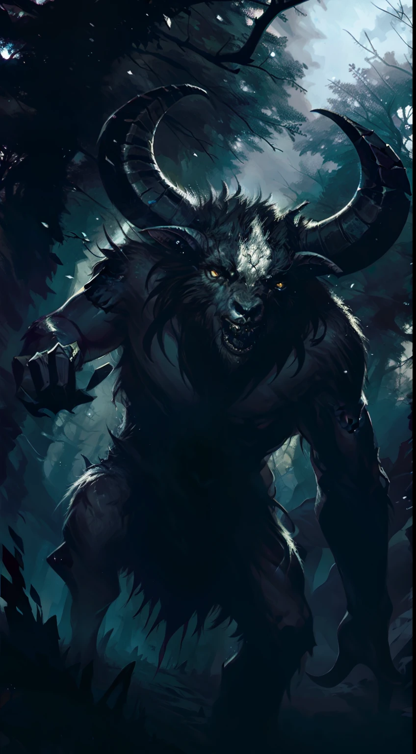 Illustration, Dark Fantasy Style, Goat-faced Creature, Sinister Expression, Haunted Forest, Dynamic Pose, Eerie Lighting, Mystical Symbols, Desaturated Colors, Close-up Shot
