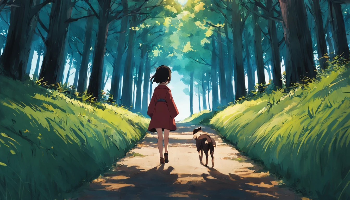 tmasterpiece,best qualityer,cinematic Film still from,1 fox,Close-up,Face the lens,Walk forward on the forest road