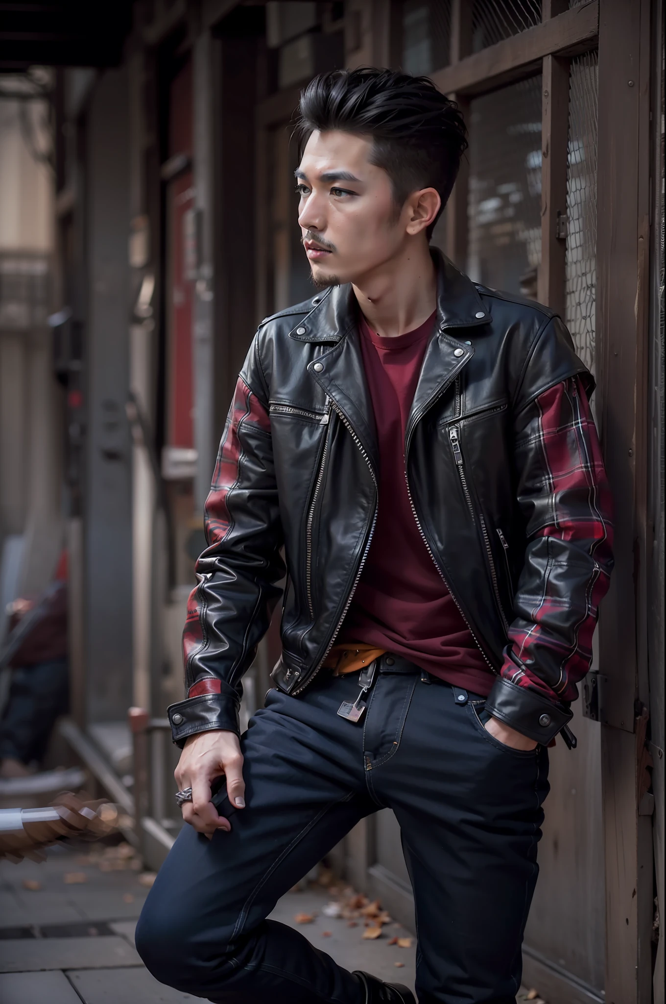 Wild casual style portrait of 30 year old Japan man、For autumn-winter。Harley-Davidson Black Biker Jacket、Red flannel shirt、Lip jeans、Wearing black combat boots。Hairstyles、Short、In Pompadour、With a strong hold、His untamed、Reflects fearless personality。