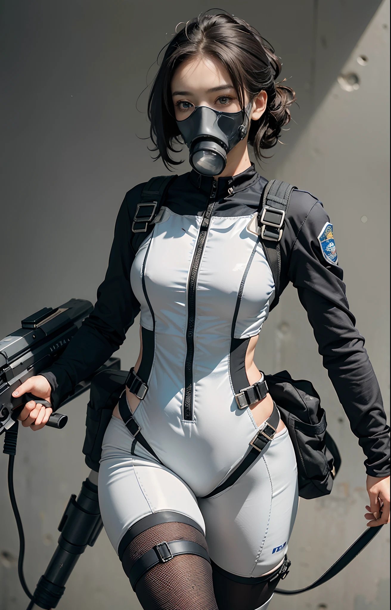 Highest image quality, outstanding details, ultra-high resolution, (realism: 1.4), ((close up:0.75)), highly condensed 1lady, with beautiful and a delicate face, perfect proportion, (Kicking To Viewer), (chubby:0.3, small breasts), (cloths color base ratio black:0.4 white:0.5), (wearing racing suit likes police uniform, black and gray mecha, wearing high-tech heavy gasmask, military harness, holding a machinegun, carrying hich-tech-flamethrower -tank on back), captain, background simple gray wall,