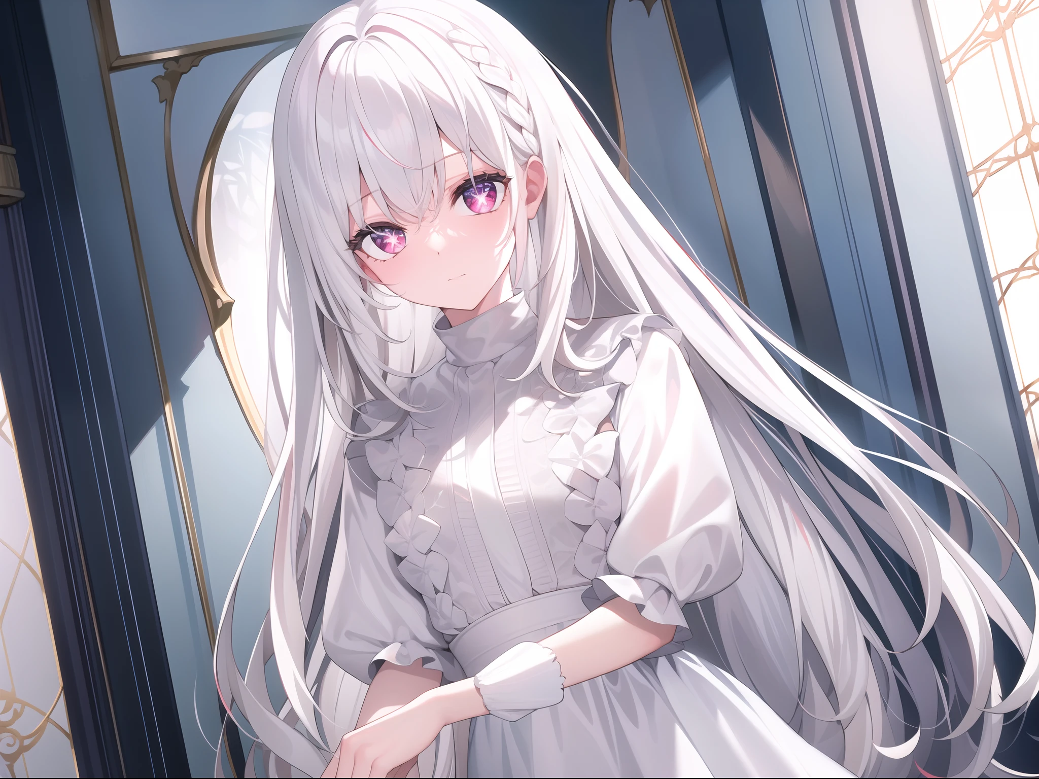 ((Masterpiece, Best quality))++, Detailed light+, Detail hair+, detail hand+ ,1girll, woman, Long hair, Crimson eyes, Beautiful eyes, Young gray hair,,(Beautiful white hair:1.5),(Beautiful detailed eyes), high resolution+, blacksilk , a black skirt, Glass tones, Reflective eyes, {{Angle}} , extremelydetailedwallpaper, Original, ,
