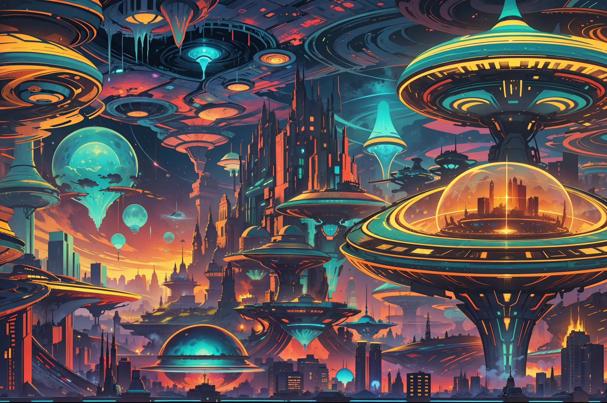 "Awe-inspiring Alien Invasion with intricate details, vibrant colors, and otherworldly features. Glimmering, mesmerizing eyes that radiate mystery and intelligence. Unique, extraterrestrial architecture blending with a bustling futuristic cityscape. Advanced technology, sleek spaceships, and ethereal light effects. Unexplored landscapes with surreal flora and fauna. Captivating, mind-bending visuals that push the boundaries of imagination.+"