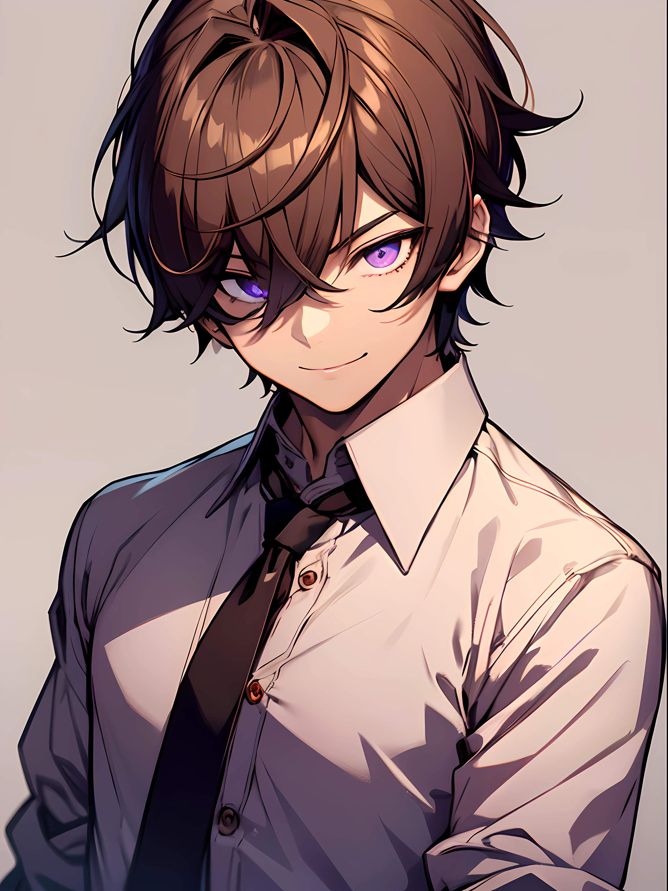 virtual_youtuber, 1boy, male_focus, solo, brown_hair, necktie, purple_eyes, simple_background, brown_footwear, full_body, straight-on, looking_at_viewer, pants, white collared shirt, hair_between_eyes, (VERY DETAILED EYES:1.5), smile
