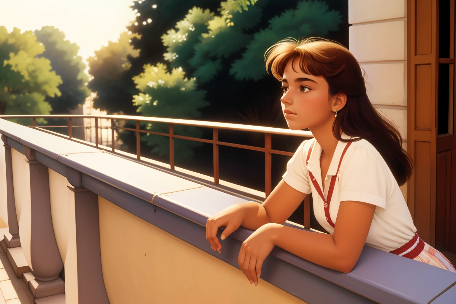 Date: 1987
Location: France
Description: A ager leans against the railing of a sun-kissed French balcony, her contemplative gaze capturing the essence of youthful introspection.