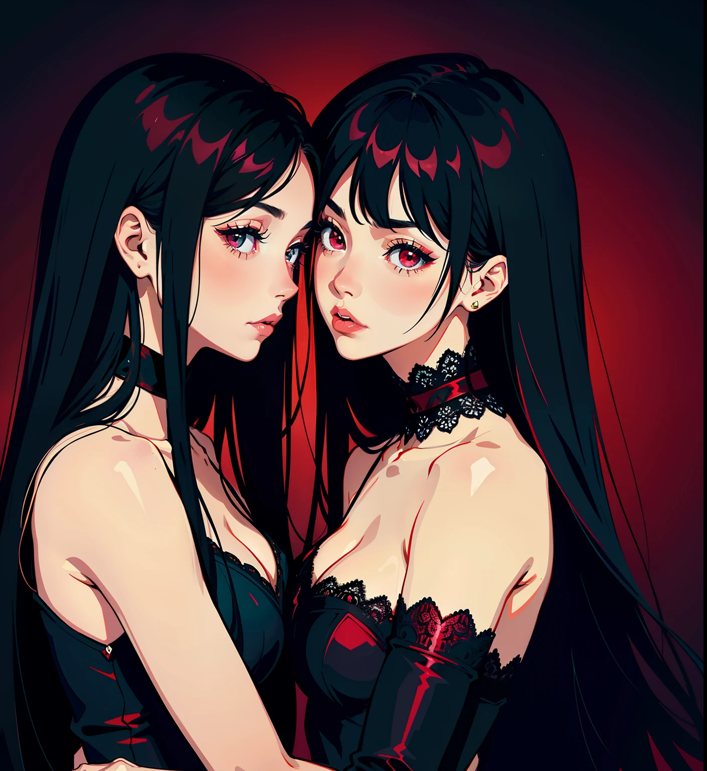 adesivo, fundo simples, portrait, 2 girls, couple, kissing, girl with long hair, beautiful scorpio girl, scorpio aesthetic, beautiful girl, very beautiful fantasy art, beautiful and elegant female scorpio, beautiful detailed fantasy, deep red and black color palate, deep red color-theme