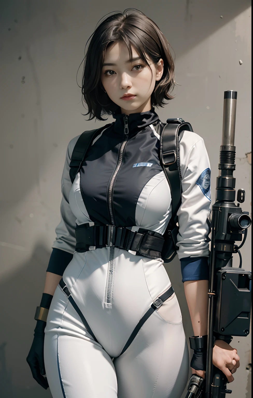Highest image quality, outstanding details, ultra-high resolution, (realism: 1.4), ((close up:0.75)), highly condensed 1lady, with beautiful and a delicate face, perfect proportion, (Kicking To Viewer), (chubby:0.3, small breasts), (cloths color base ratio black:0.4 white:0.5), (wearing racing suit likes police uniform, black and gray mecha, wearing high-tech headset, military harness, holding a machinegun, carrying hich-tech-flamethrower -tank on back), captain, background simple gray wall,