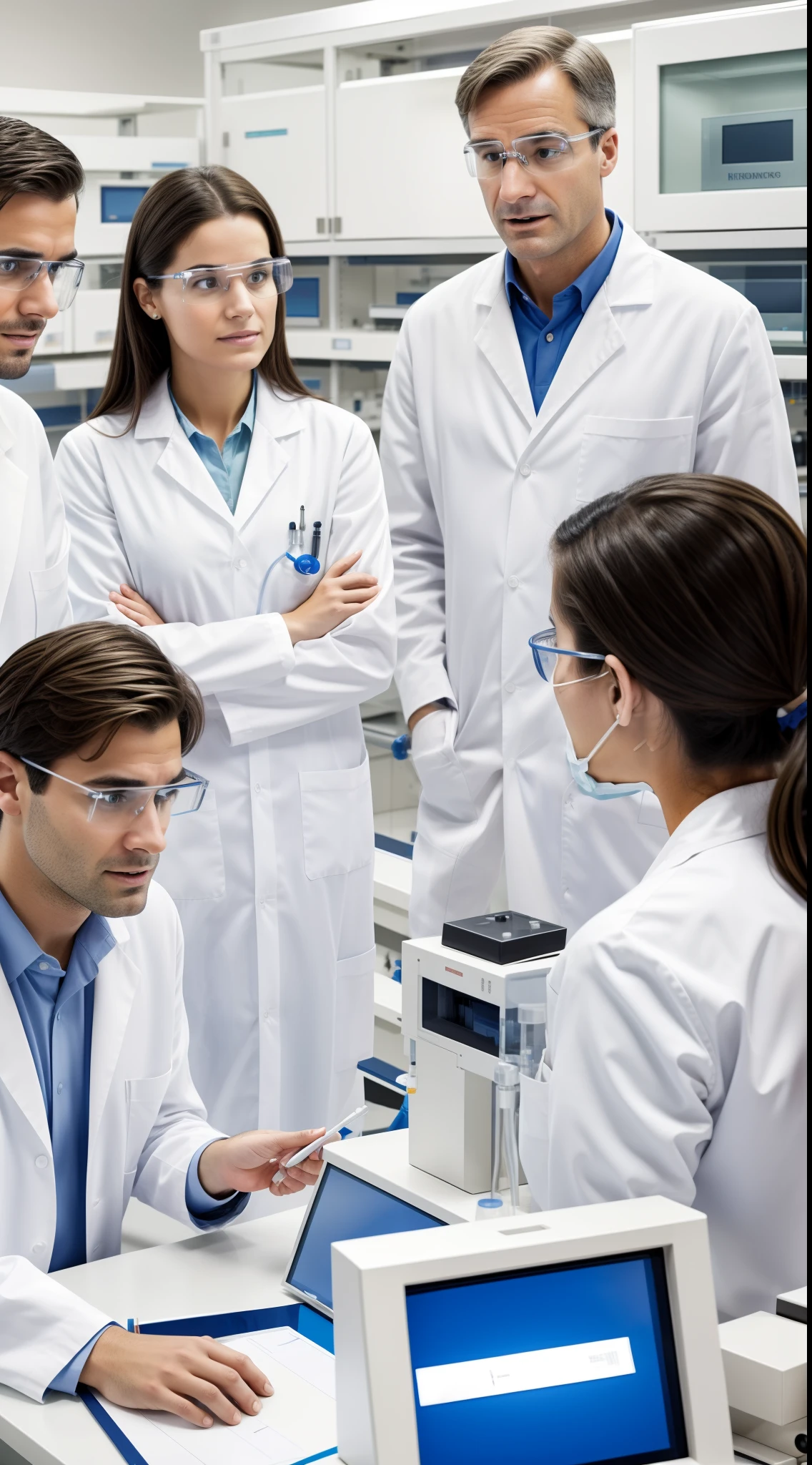 Describe the facial expression and emotions of the people depicted in this image: 2 men and 2 women scientists in white clothes sitting talking in a genetics lab,cientistas