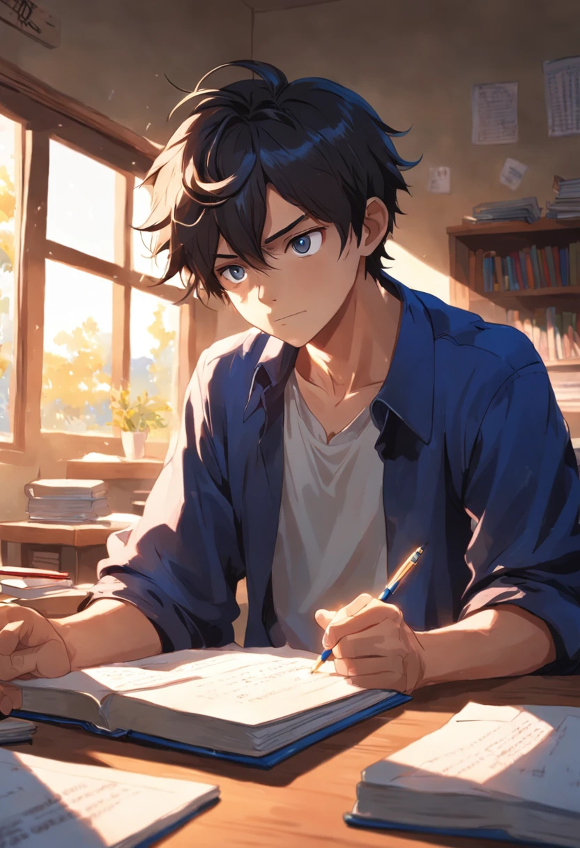 A handsome 15-year-old boy sits in a window seat in a classroom，A blue pen rotated nimbly in his hand，Gentle sunlight shone from the window on his handsome and immature face，Books and exam papers are piled on the table，His left hand grabbed his hair，He was racking his brain to think about a math problem
