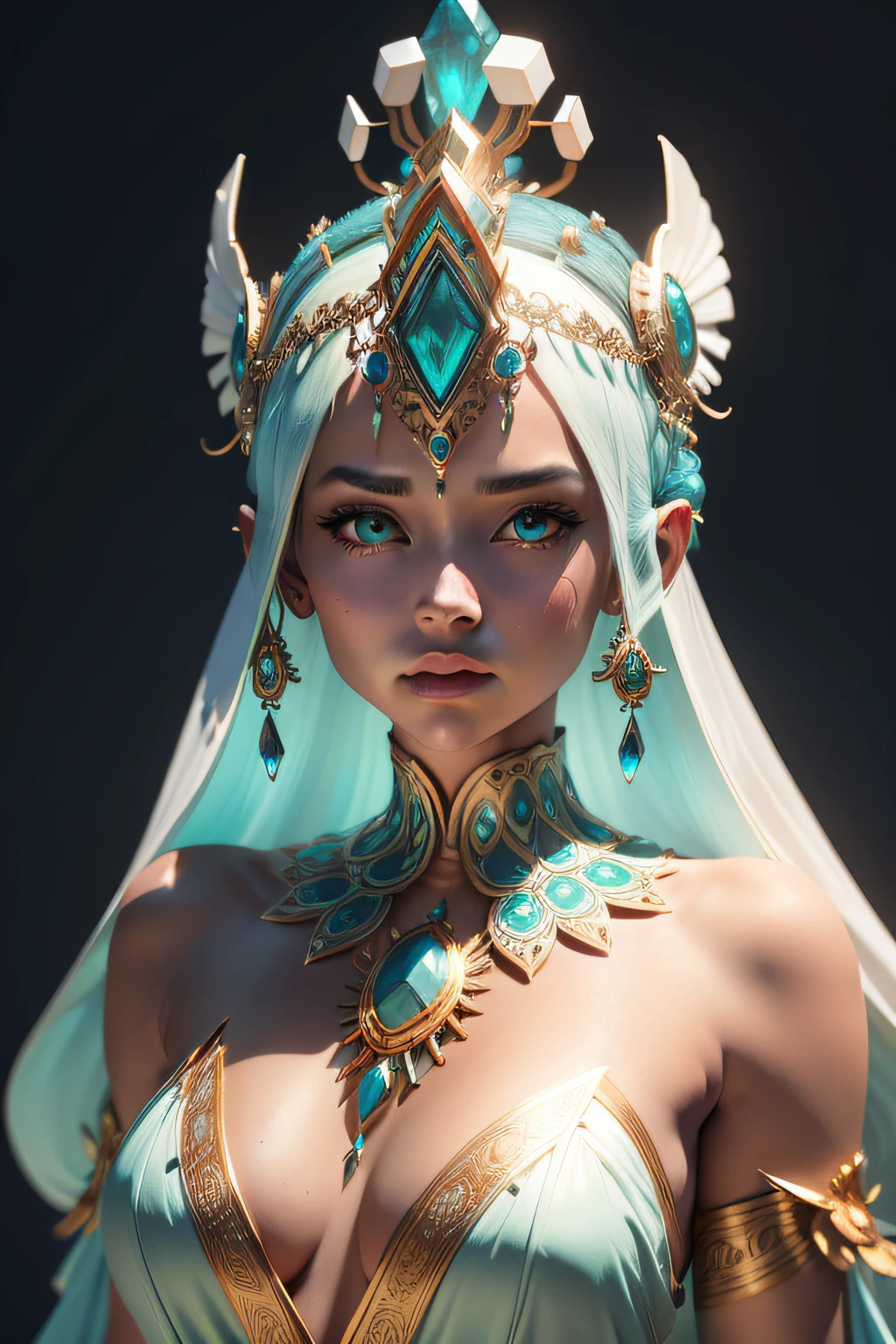 a stunning photograph of an alien goddess, ivory headdress, teal gem stones, 3d render, octane render, intricately detailed, filigree decorative headdress, cinematic