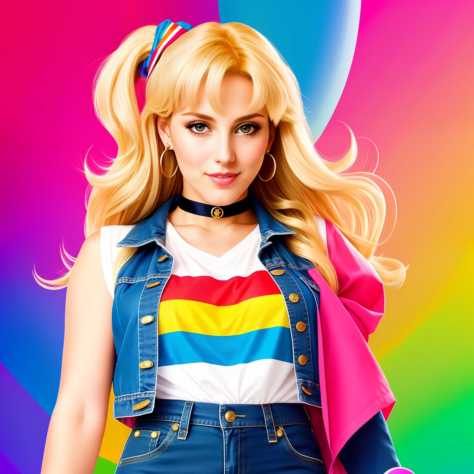"(Mature and realistic portrayal:1.2) Sailor Moon exuding confidence as she holds a microphone, her blonde hair cascading down, adorned in stylish rainbow denim clothes from the 2000s, with a backdrop filled with donuts."
