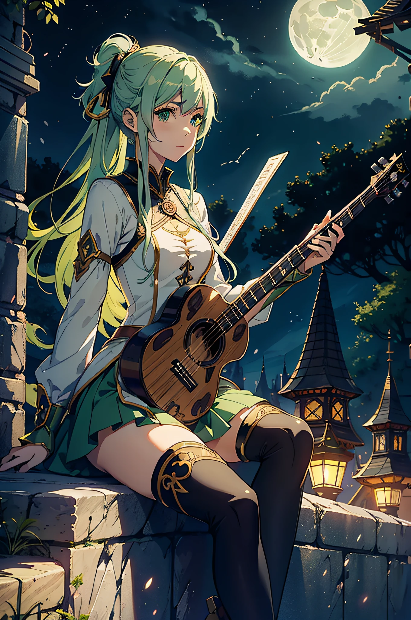 very cute and beautiful anime 1girl with highly detailed green eyes and pastel yellow hair, fantasy costume with rapier, Wearing a fantasy costume and playing a lute,in modern anime style, made by ross tran, wlop, laica chrose,Sitting on the walls of a medieval European castle, Night of the Full Moon, on Fantastic background