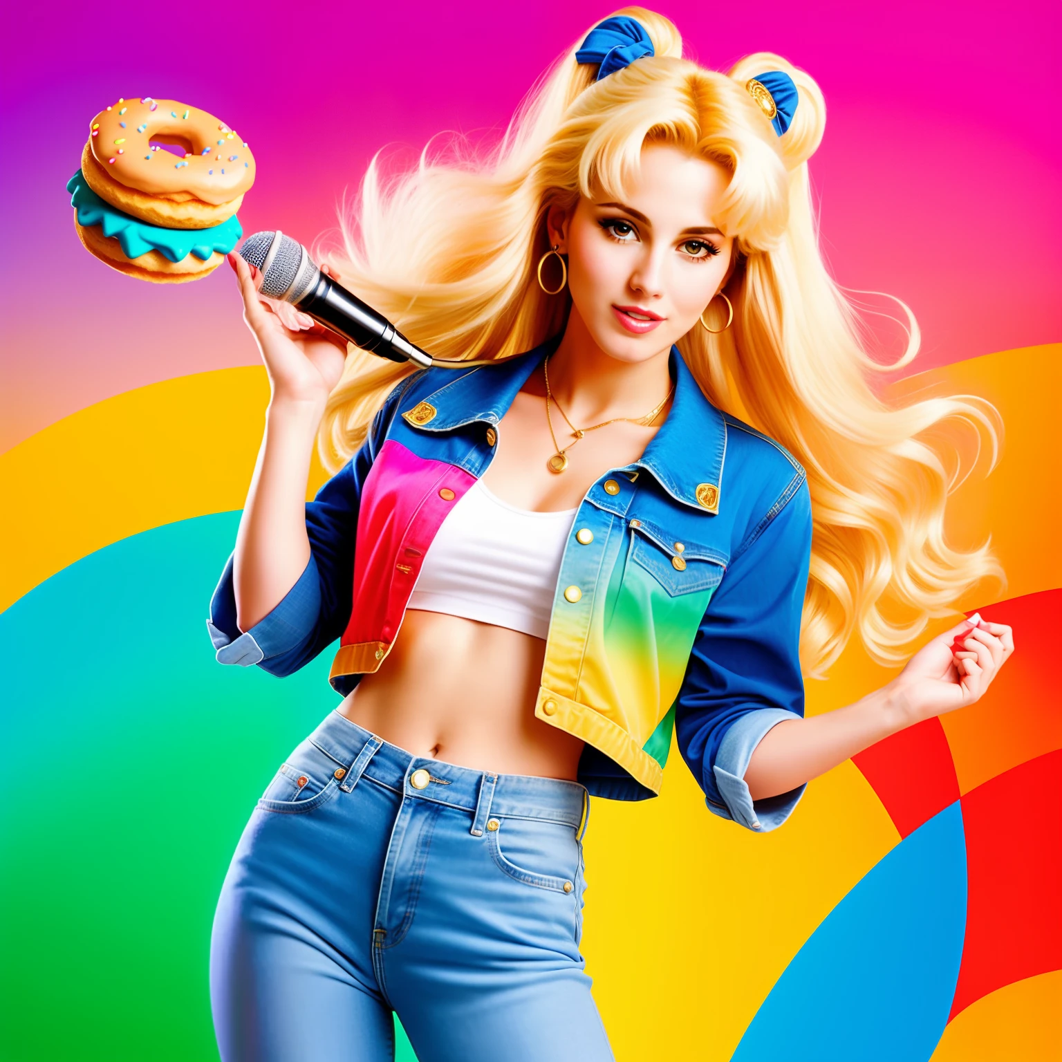 "(Mature and realistic portrayal:1.2) Sailor Moon exuding confidence as she holds a microphone, her blonde hair cascading down, adorned in stylish rainbow denim clothes from the 2000s, with a backdrop filled with donuts."