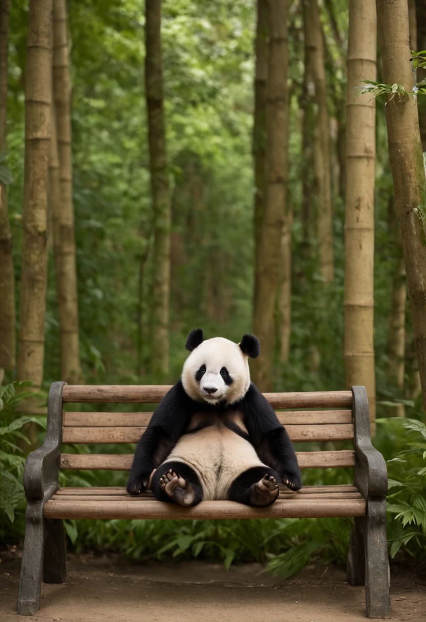 Panda sitting on a bench, Face away from the camera,shot from a far distance,tmasterpiece, best qualityer, cinematic Film still from, Soft lighting and warmth,bamboo forrest,movie light effect,Wide-angle environment,Movie Angle