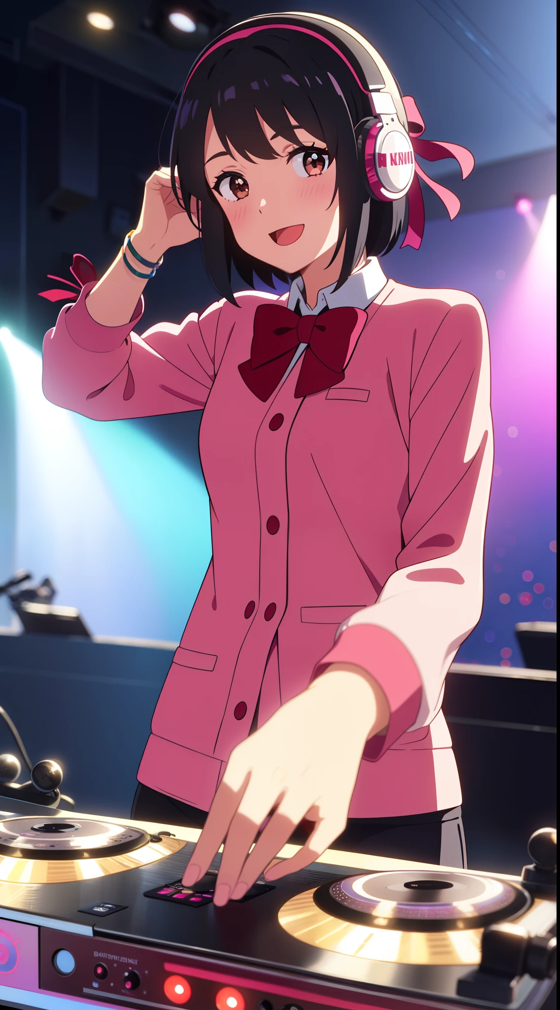 shinkai makoto, kimi no na wa., 1girl, bangs, black hair, brown eyes, blush, Lolita Performance Wear, red bow, red headband, red ribbon, short hair, looking at the viewer, cute, smile, open mouth, :D, couple, long sleeves, bracelet, DJ girl, DJ Headphones, nightclubs, mirror ball, headphones, disco, showcasing her skills on the turntables, Glitter, perfect hand, Live Performances, colorful light
