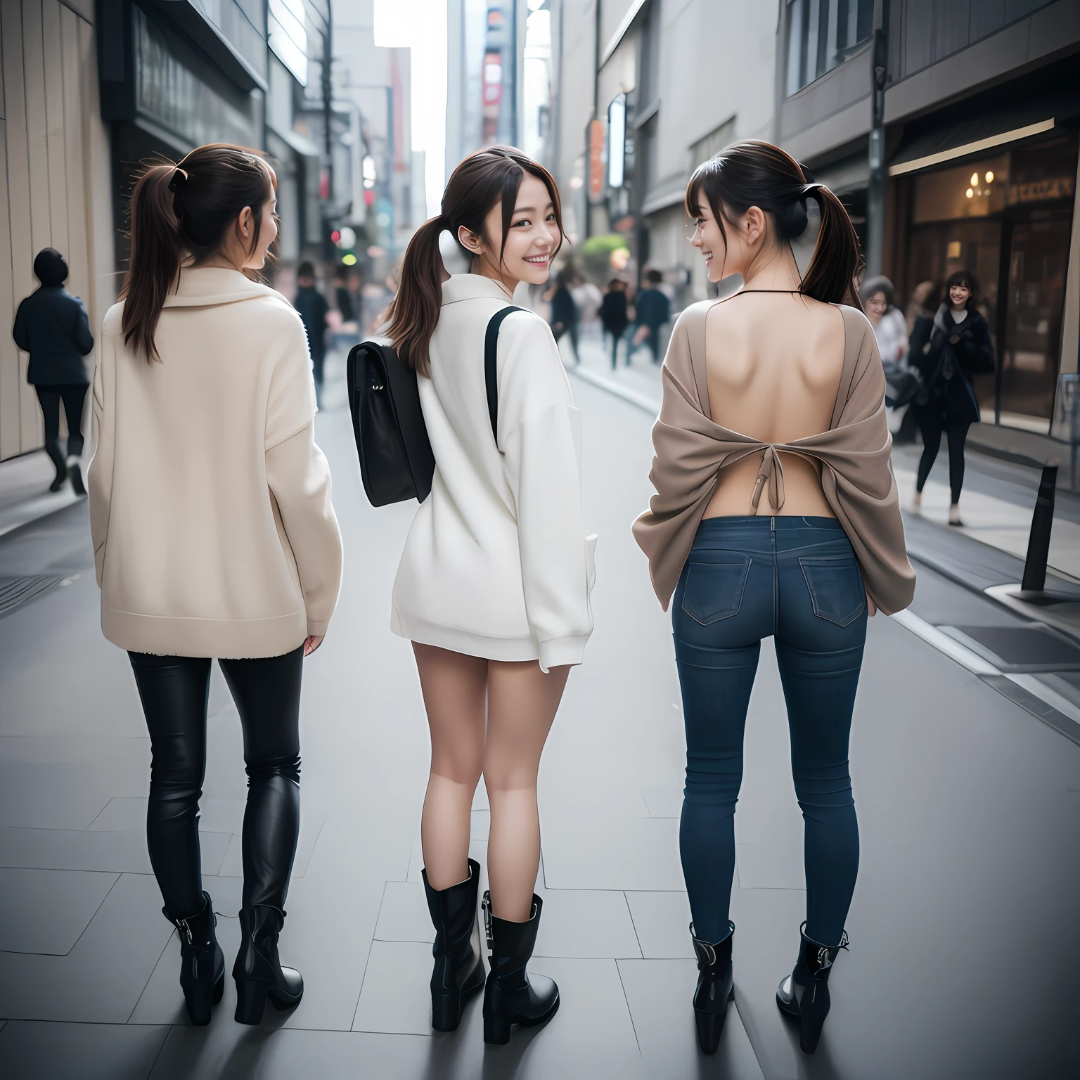 transparent dress, on the street. multiple  girls. topless. jeans mini skirt. 5 girls, Japan girls,  multiple girls.  very small breast. very small tits. 5 beautiful girls posing together. 