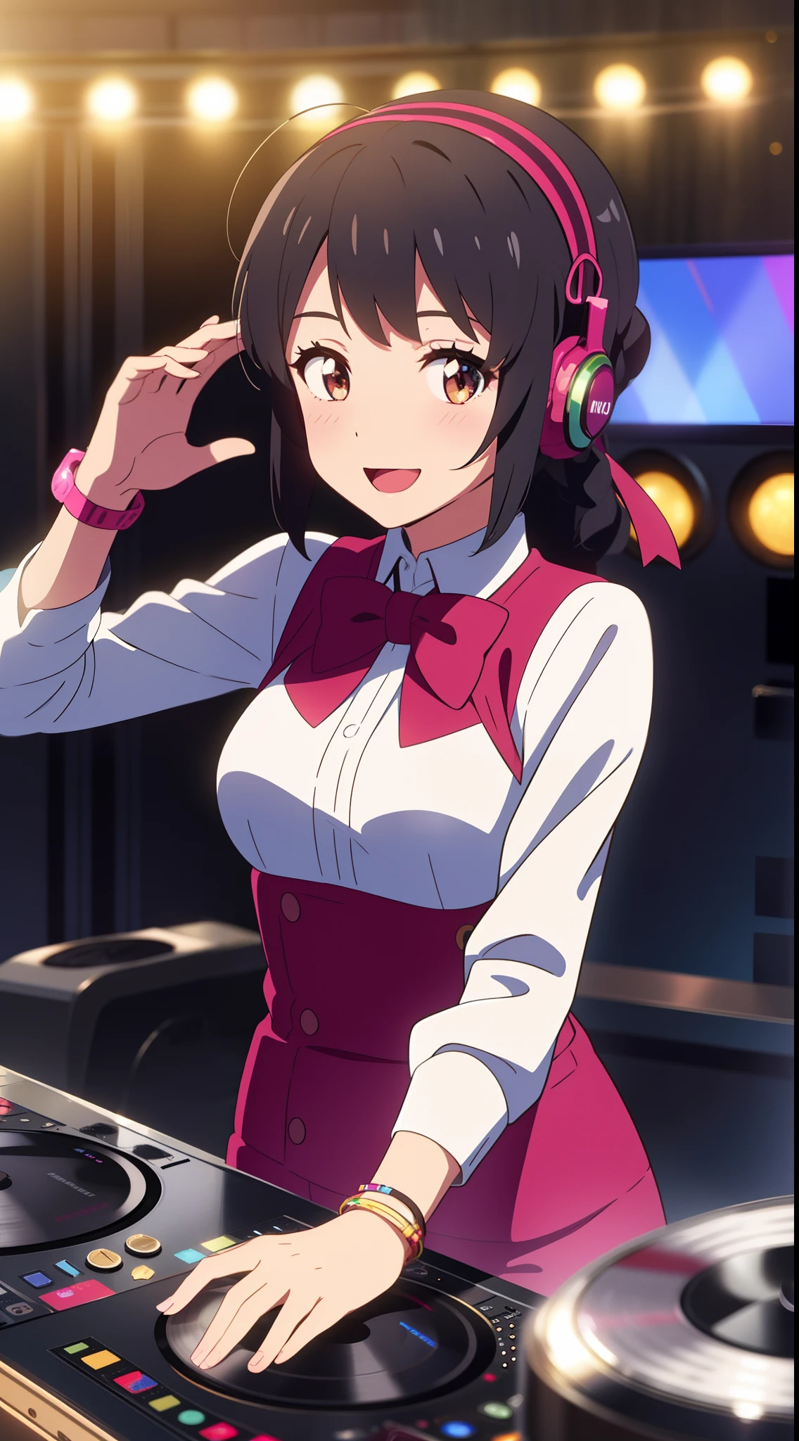 shinkai makoto, kimi no na wa., 1girl, bangs, black hair, brown eyes, blush, Lolita Performance Wear, red bow, red headband, red ribbon, short hair, looking at the viewer, cute, smile, open mouth, :D, couple, long sleeves, bracelet, DJ girl, DJ Headphones, nightclubs, mirror ball, headphones, disco, showcasing her skills on the turntables, Glitter, perfect hand, Live Performances, colorful light