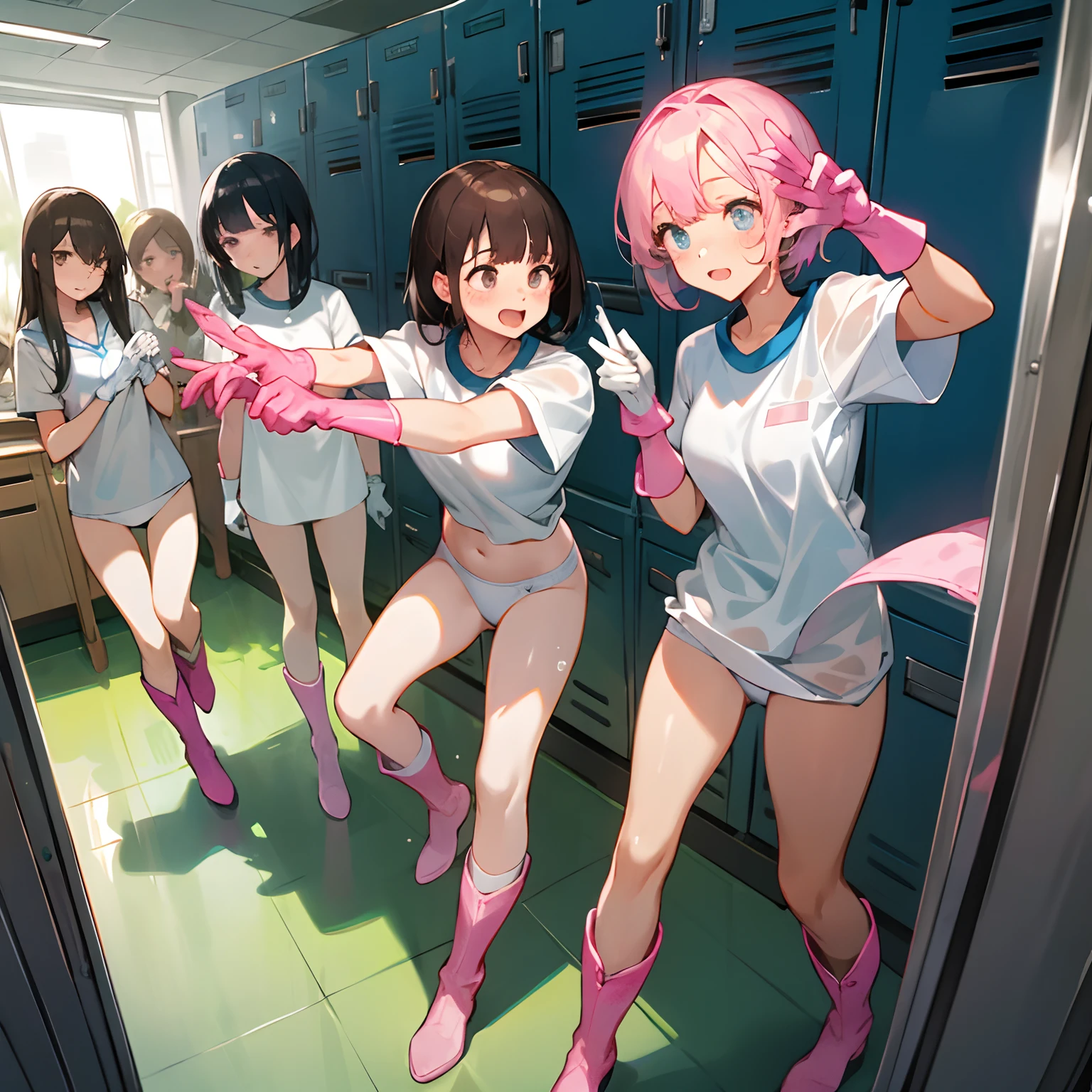 (masuter piece、hightquality)、multipel Girls、hi-school girl、Locker room in the gymnasium、(white  panties)、white t-shirts、(Group Selfies)、Dark hair、Enamel gloves、Pink enamel gloves、Pink enamel gloves、Pink long rubber gloves、Glossy pink gloves、whole body soaked、long boots、boot、Nasty face、Bully、cleaning、Gloves are sticky、Getting wet with white liquid