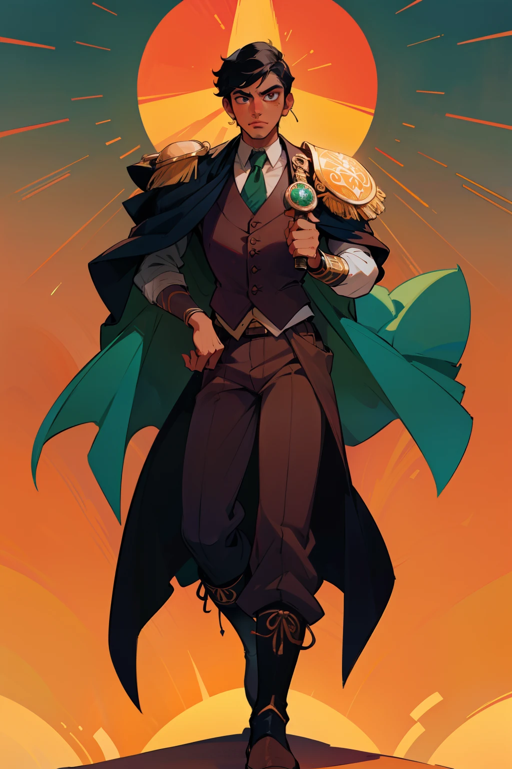 Create a male character, a determined young man with light and dark skin and black hair. His commanding gaze reflects his deep-rooted Mexican heritage. He wears a mariachi suit inspired by the charro tradition: shirt, pants and vest richly decorated with the colors of the sunset. Worn charro boots and elegant cape over one shoulder. Jade and obsidian knuckles on the hands, Symbol of strength and connection to the earth. . The rich details show his commitment to Mexican culture and traditions.
