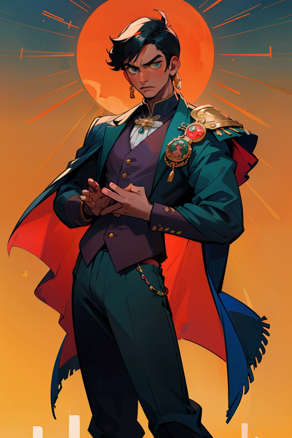 Create a male character, a determined young man with light and dark skin and black hair. His commanding gaze reflects his deep-rooted Mexican heritage. He wears a mariachi suit inspired by the charro tradition: shirt, pants and vest richly decorated with the colors of the sunset. Worn charro boots and elegant cape over one shoulder. Jade and obsidian knuckles on the hands, Symbol of strength and connection to the earth. . The rich details show his commitment to Mexican culture and traditions.