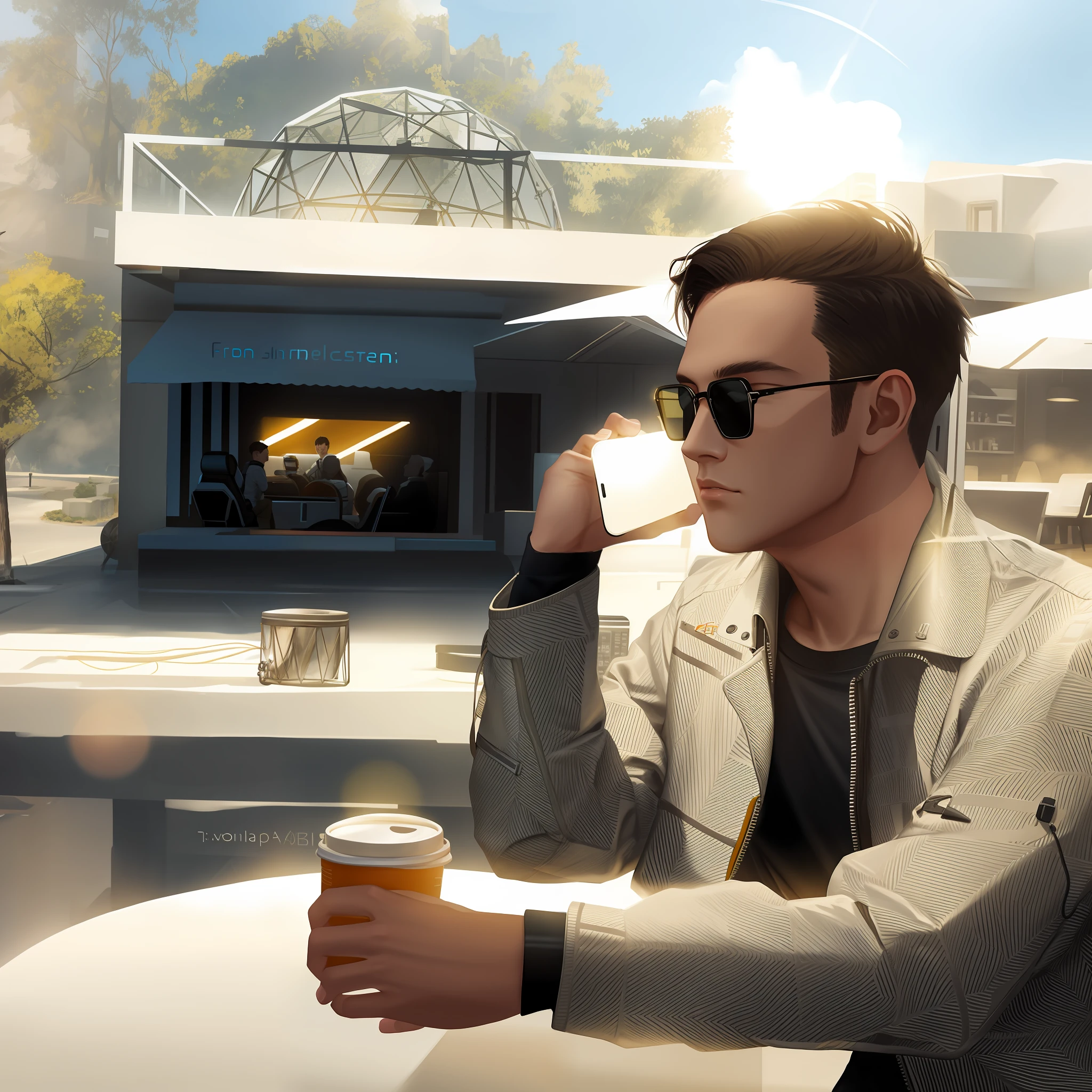 scifi style,3D CG art style,European and American style male,Handheld mobile phone,On a call。