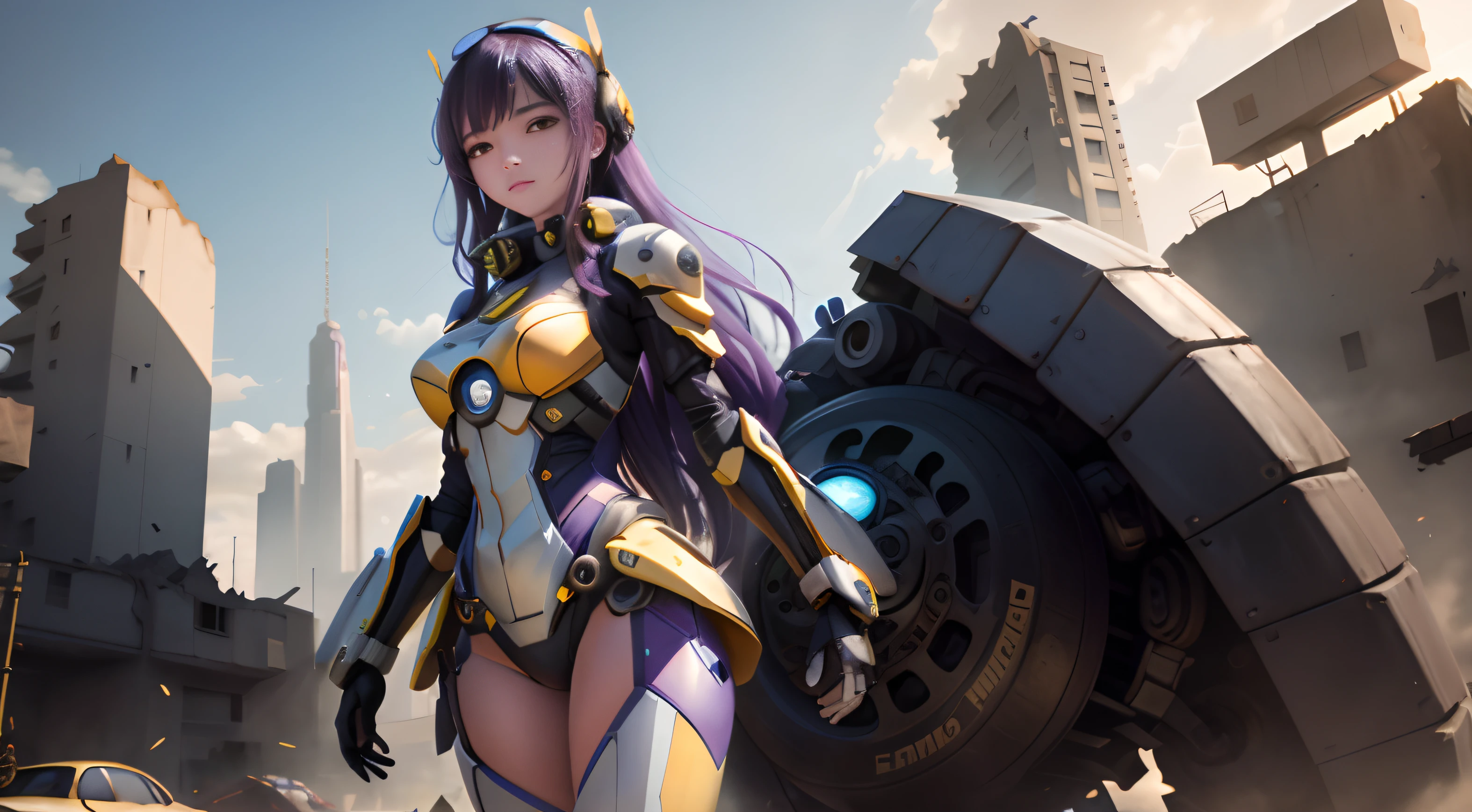 Bumblebee mechanical beautiful girl standing in front of the robot，Long legs，Skin whitening，Long hair with a gradient purple，Yellow armor，The chest is white，Blue-legged mech，dominant colors，Sci-fi background mixed with mechanical monsters，The background is a disaster-grade outdoor environment，There is a blue sky，Bombed-out ruined city，Character beauty，The girl turned sideways，Behind the girl stands a movie《Transformers》Bumblebee inside
