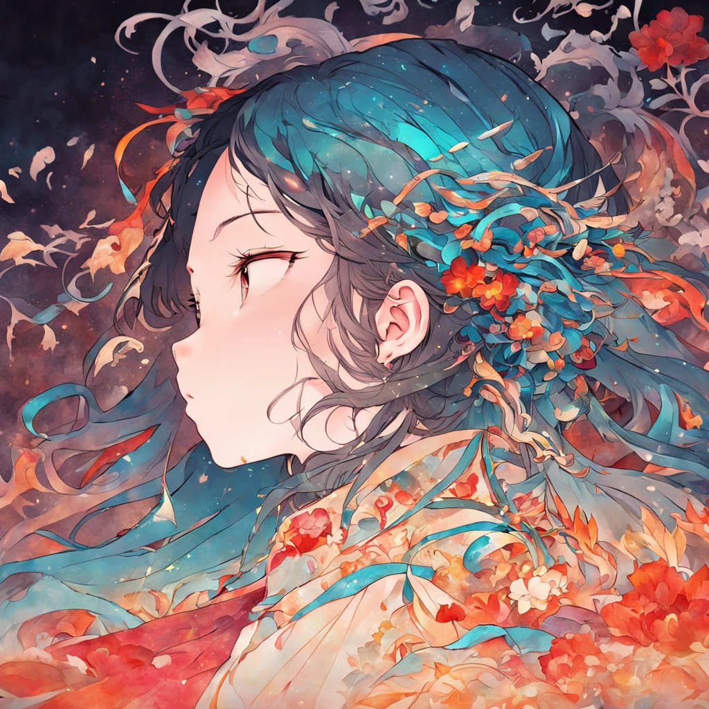 (White background:1.4),(Silhouette of a girl's head, Eyes closed, colorfull long hair, Oriental elements),(Chinese illustration:1.3,paper art:1.3, Quilted paper art:1.2),( reasonable design, Clear lines, High sharpness,Best quality, Very detailed, Masterpiece, movie light effect, 4K )
