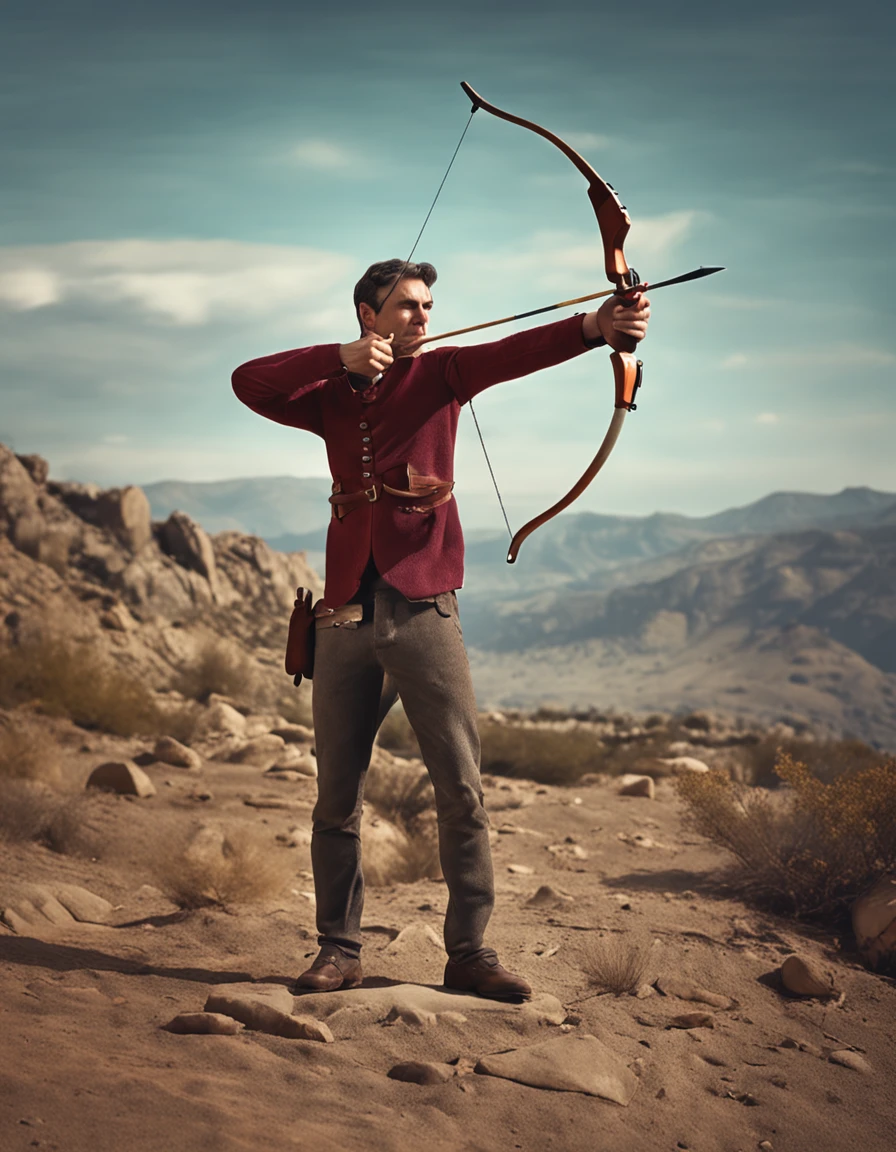 A photo of an archer guy holding an arch ready to shoot, aiming posture