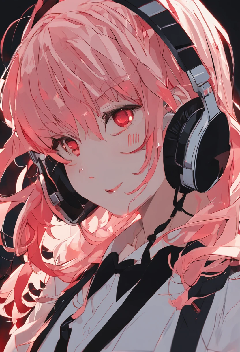 Hair covers half of the face, red hair, blunt bangs, heart-shaped pupils, light smile, oral invitation, crystal earrings, parted bangs, behind-the-head headphones, Romanticism, Action painting, bust chart, symmetry, pov, f/2.8, modern, depth of field, UHD, 16k