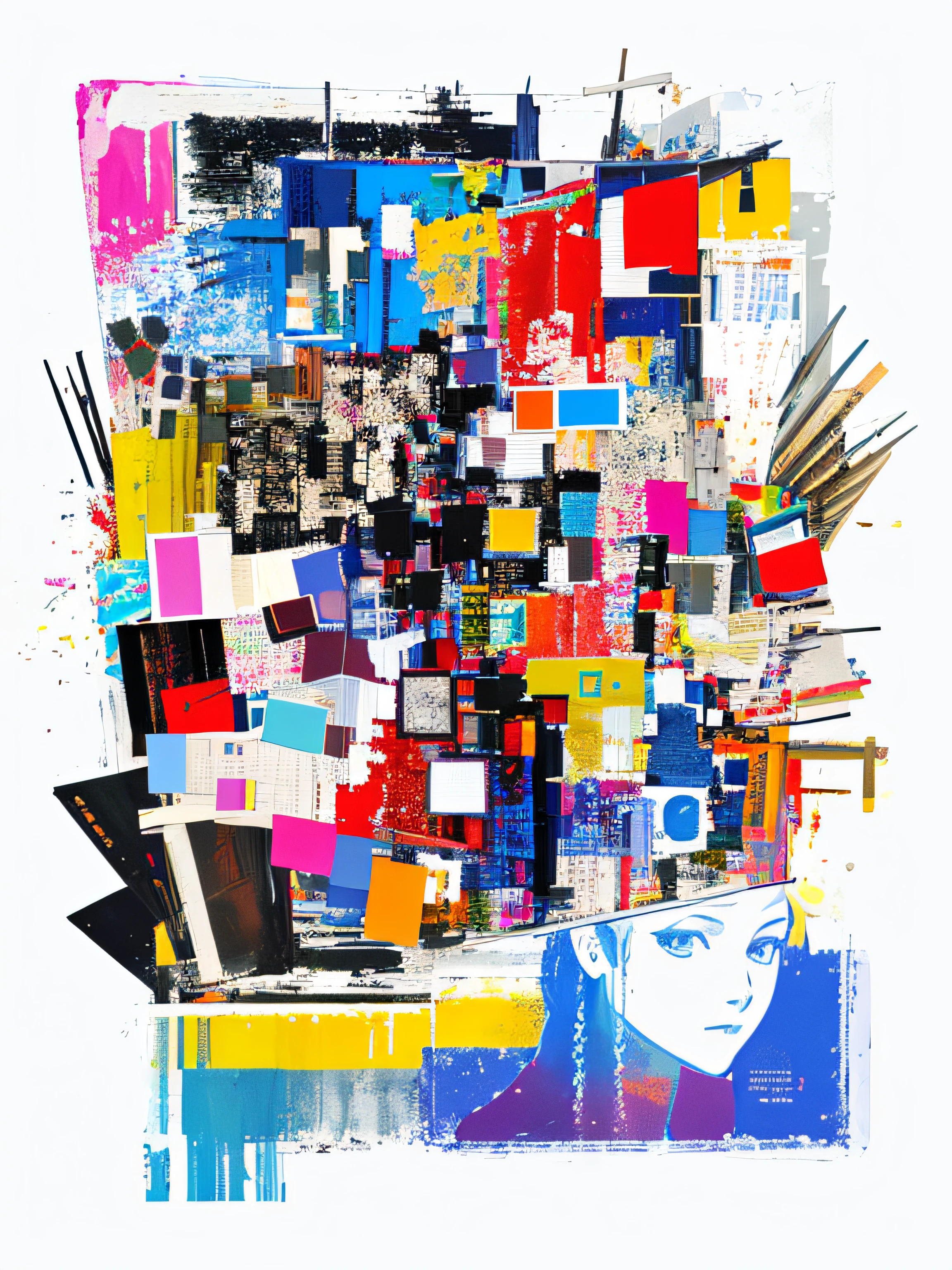 There is a collage picture of different images, Screen printing textures, digital collage, High-resolution scanning, ( Collage ), textile print, abstract forms and shapes, Surreal color contrast,plethora of colors