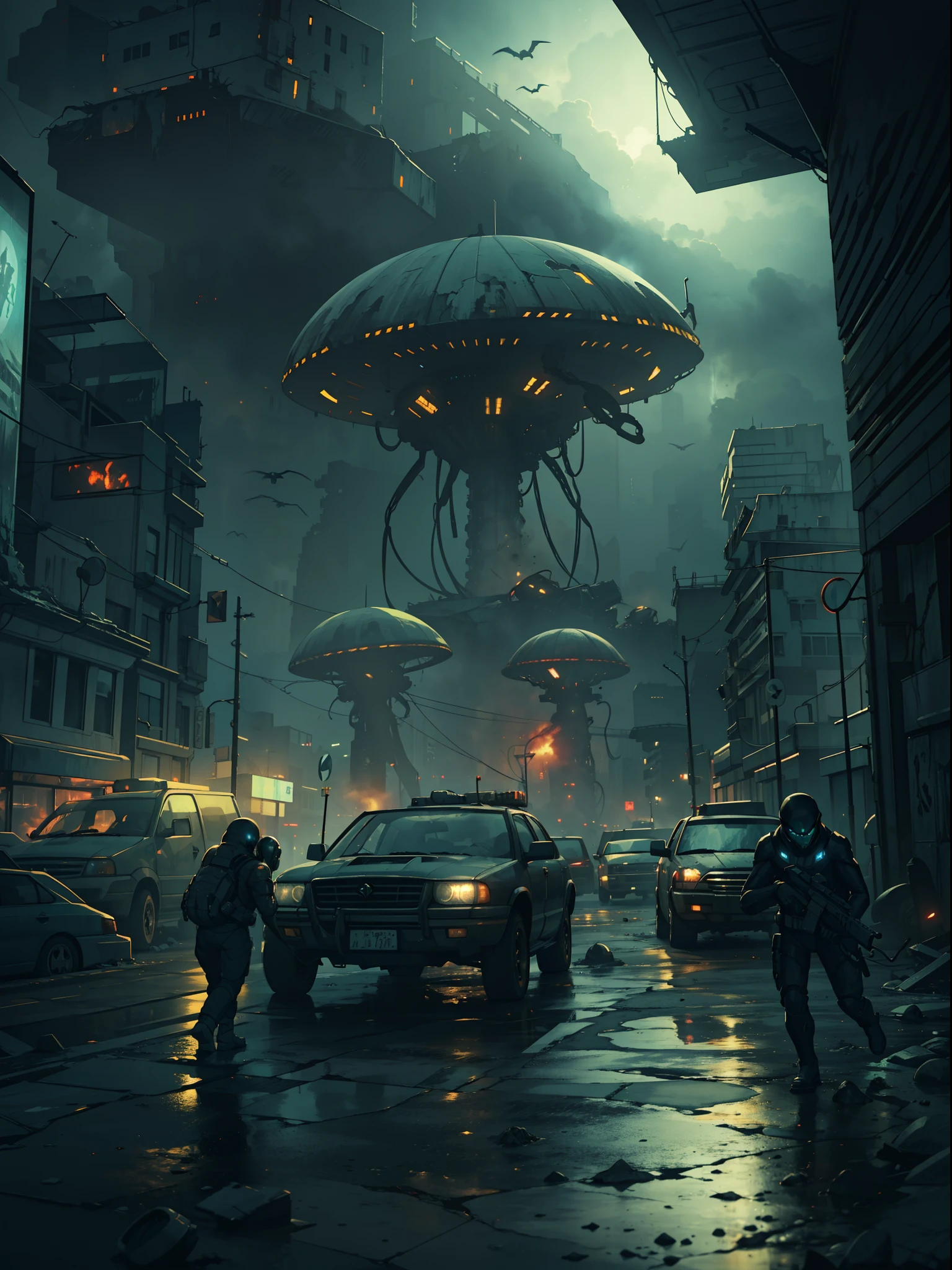 "Creepy and intense alien invasion scene with dark atmosphere, dramatic lighting, and intense action. Show powerful extraterrestrial creatures, advanced technology, destroyed cityscape, panicked civilians, and a sense of imminent danger. Generate an unsettling and immersive image that captures the chaos and terror of an otherworldly invasion."