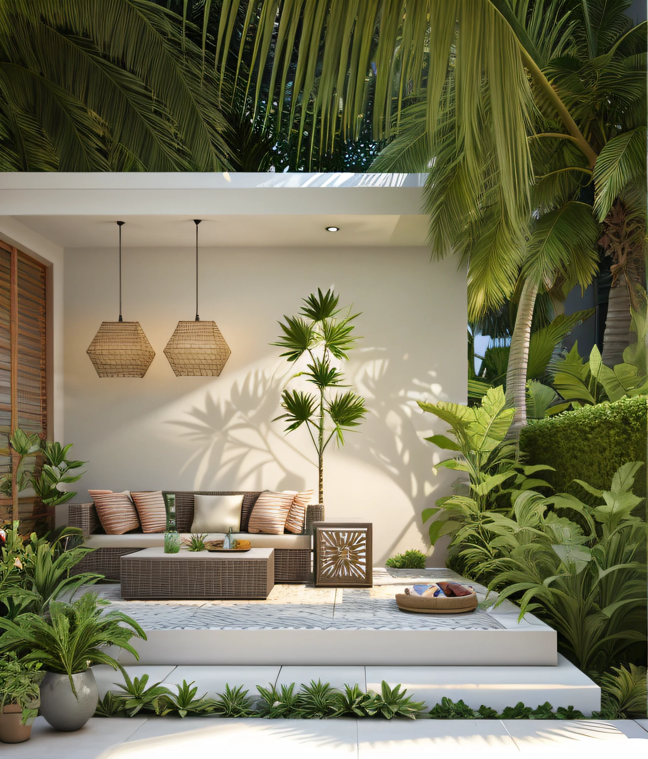 Small garden with sofas and tables, outdoor design, in style of 3d render, excellent 3d render, highly detailed composition, Relaxing environment, natural realistic render, very realistic 3 d render, luxurious environment, Rendered in Lumion Pro, beautifully detailed render, tropical style, tropical setting, beautiful 3d render, highly detailed render, concept house