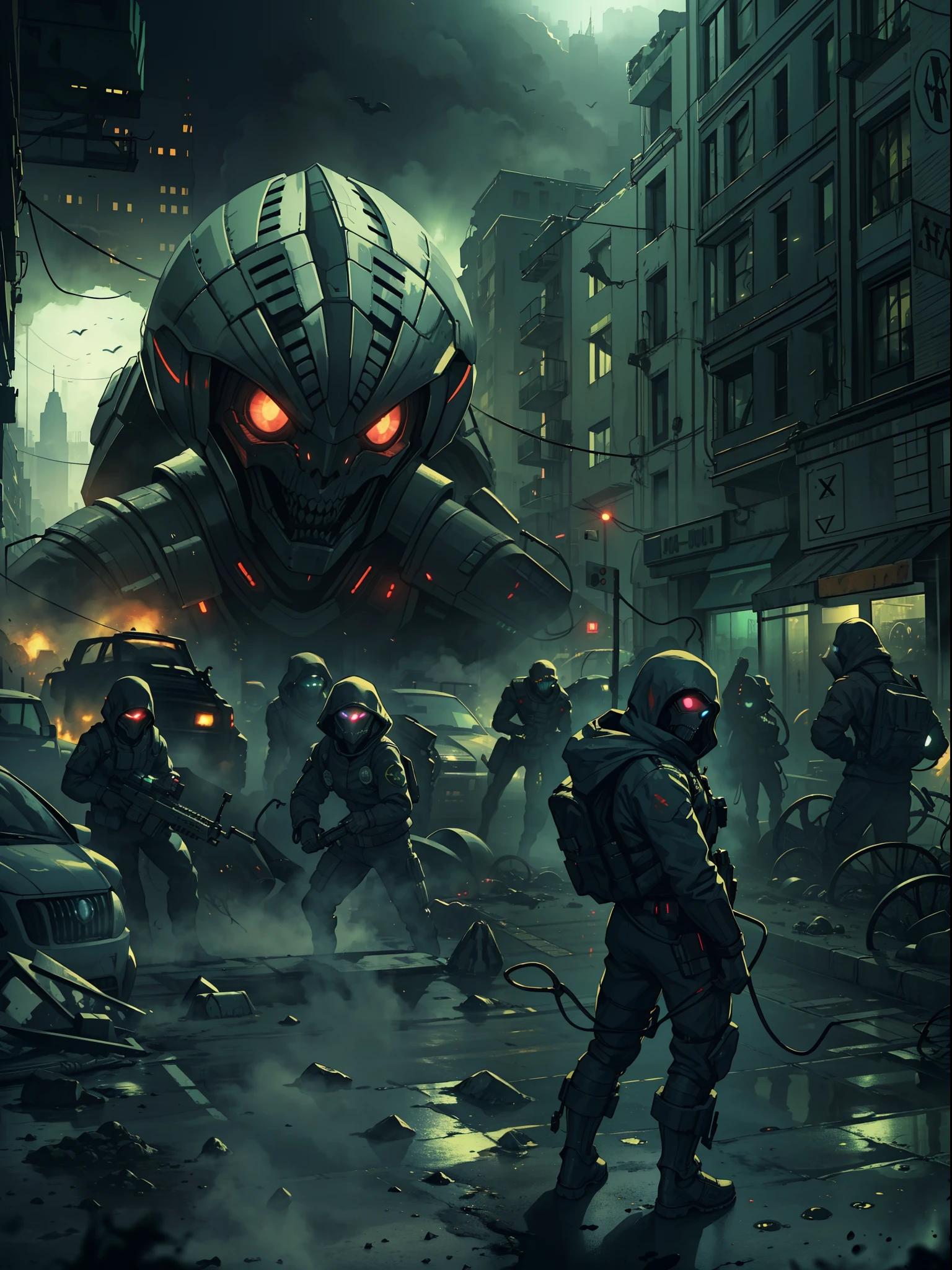 "Creepy and intense alien invasion scene with dark atmosphere, dramatic lighting, and intense action. Show powerful extraterrestrial creatures, advanced technology, destroyed cityscape, panicked civilians, and a sense of imminent danger. Generate an unsettling and immersive image that captures the chaos and terror of an otherworldly invasion."