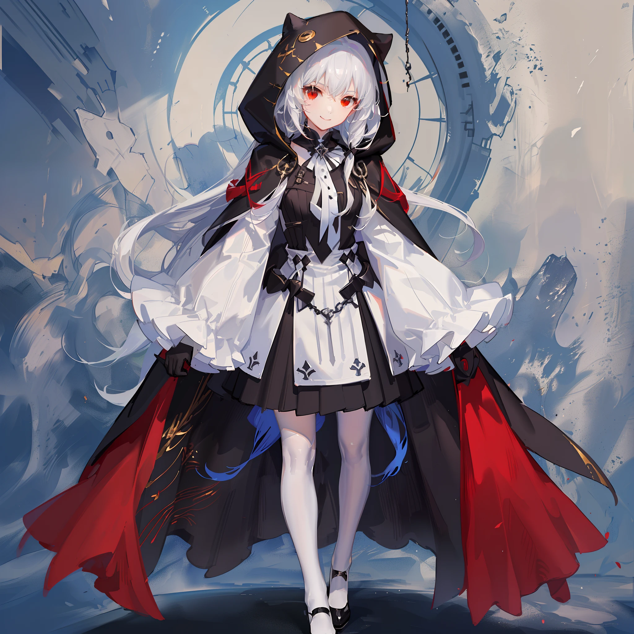 Maiden, white stockings, playful smile, round red thread striped road black robe, hood, cape, red eyes, long white hair, standing posture, full body, mage, holy girl