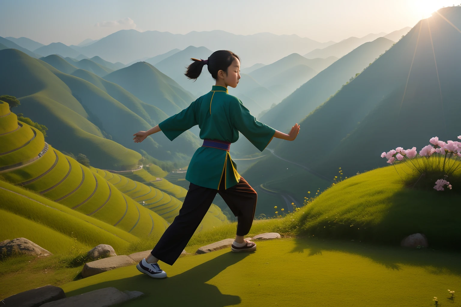 Date: 2010
Location: China
Description: A ager practices tai chi moves on a sunlit Chinese hillside, the fluidity of her motion embodying a sense of balance and self-discovery.