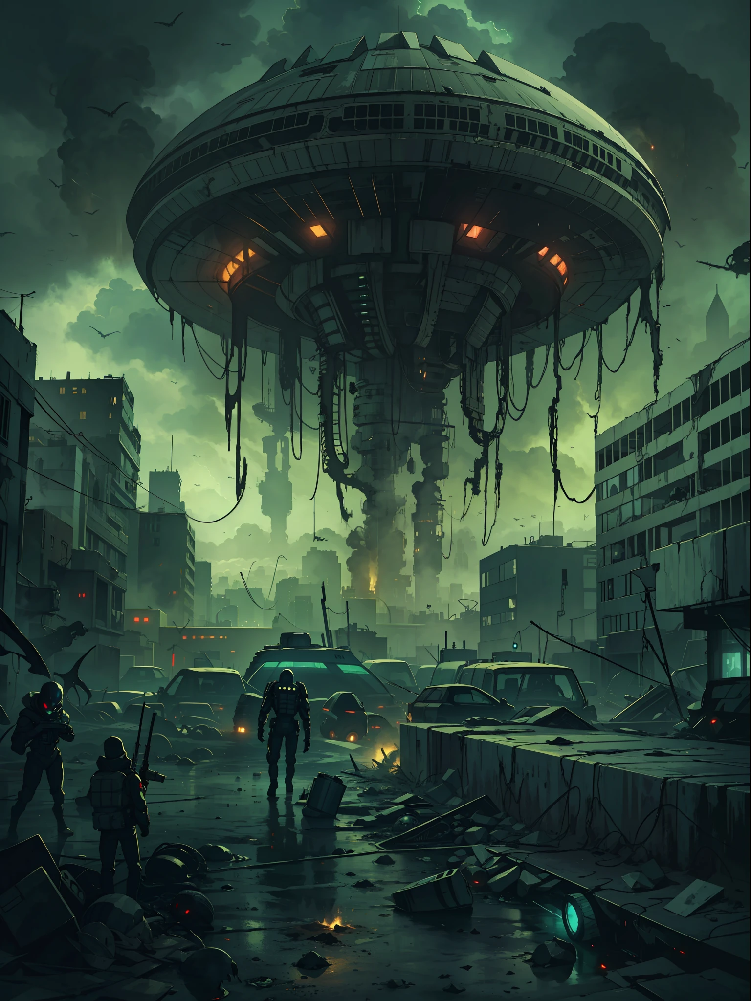 "Creepy and intense alien invasion scene with dark atmosphere, dramatic lighting, and intense action. Show powerful extraterrestrial creatures, advanced technology, destroyed cityscape, panicked civilians, and a sense of imminent danger. Generate an unsettling and immersive image that captures the chaos and terror of an otherworldly invasion."