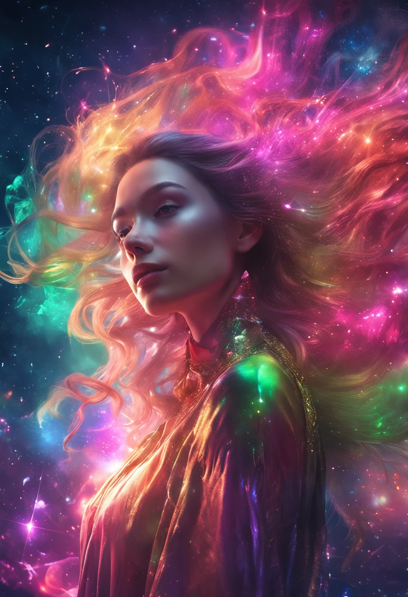 4K Ultra HD, Masterpiece, A girl with a magical aura, Good face, Long hair, shinny hair, Detailed eyes, Glossy lips, wearing a gold dress, The aura around the body, Magical effect, Sprawling green and pink lights, Cosmic elements and ethereal atmosphere, A mix of bright lights and colorful nebulae, universe background, Sitting, Full body capture.